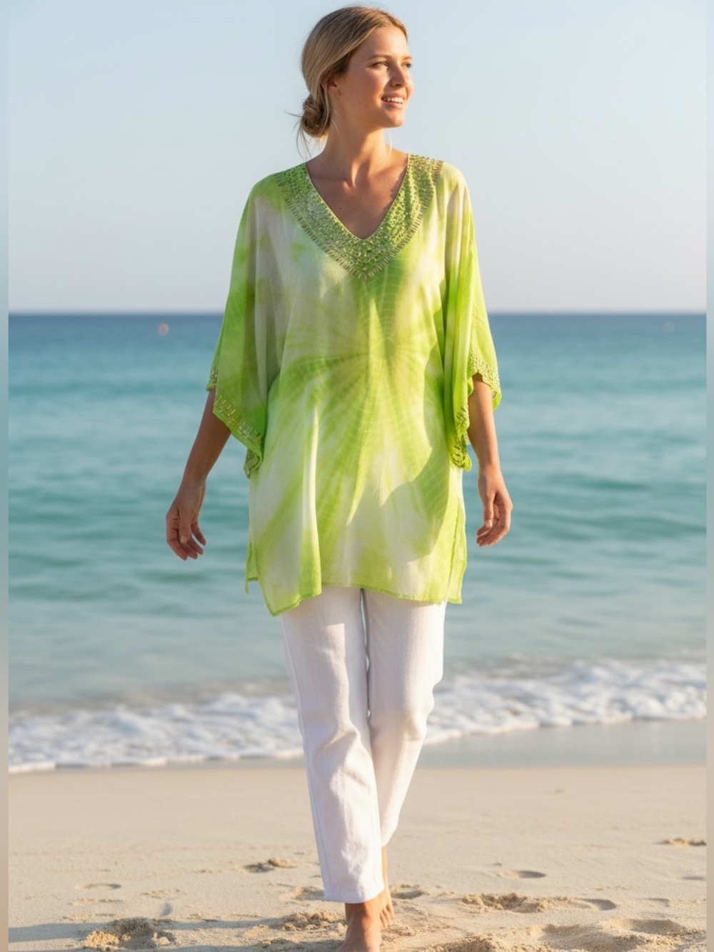 Diane Gilman Lime Green Tie-Dye Beaded V-Neck Kaftan Beach Resort Vacation Top M - Picture 2 of 14